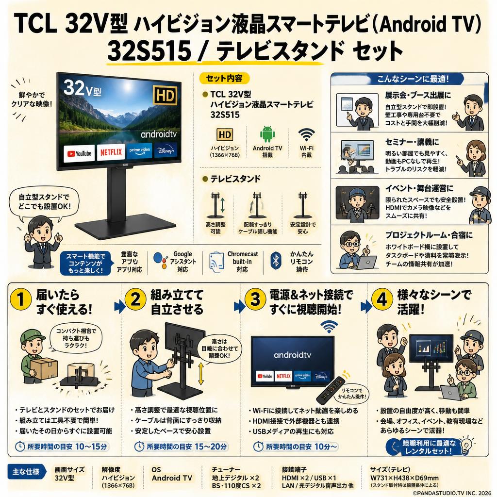 TCL 32V型 ハイビジョン液晶スマートテレビ(Android TV) 32S515 / テレビスタンド セット おもな対象のお客様