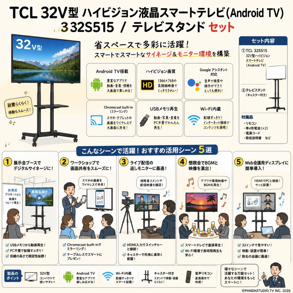 TCL 32V型 ハイビジョン液晶スマートテレビ(Android TV) 32S515 / テレビスタンド セット 用途