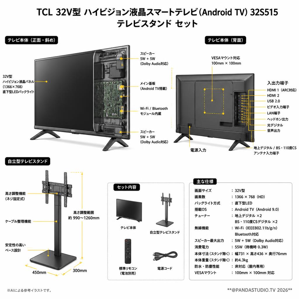 TCL 32V型 ハイビジョン液晶スマートテレビ(Android TV) 32S515 / テレビスタンド セット スペック