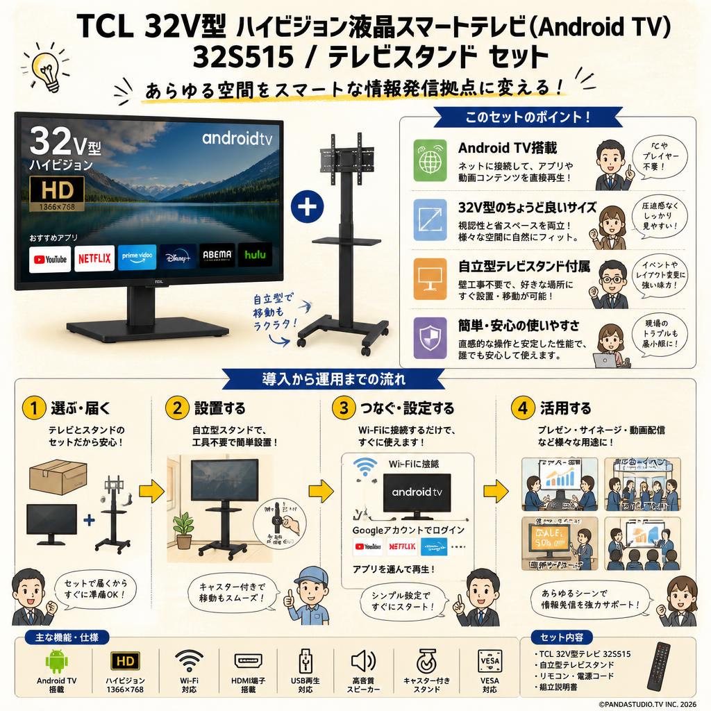 TCL 32V型 ハイビジョン液晶スマートテレビ(Android TV) 32S515 / テレビスタンド セット 概要