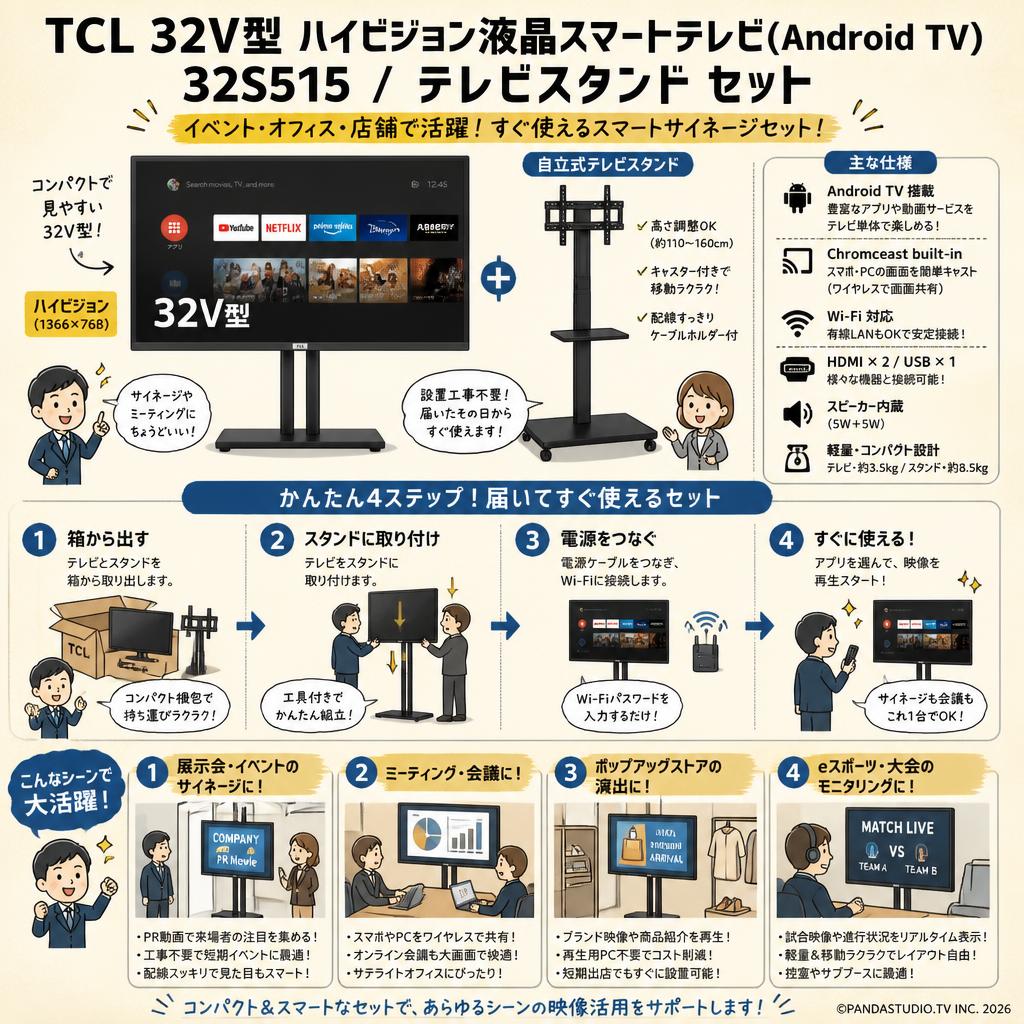 TCL 32V型 ハイビジョン液晶スマートテレビ(Android TV) 32S515 / テレビスタンド セット おもな対象のお客様