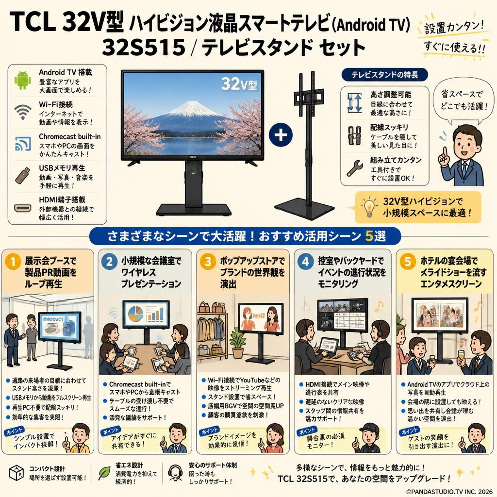 TCL 32V型 ハイビジョン液晶スマートテレビ(Android TV) 32S515 / テレビスタンド セット 用途