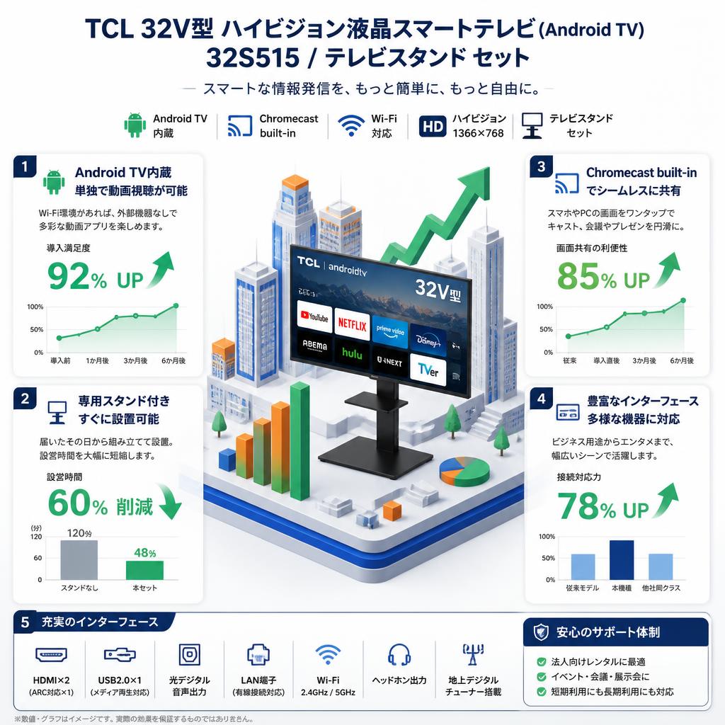 TCL 32V型 ハイビジョン液晶スマートテレビ(Android TV) 32S515 / テレビスタンド セット セールスポイント