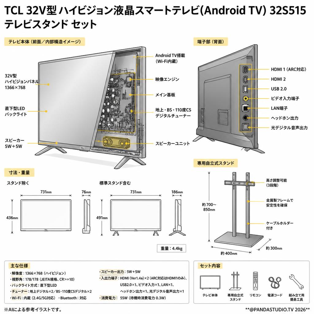 TCL 32V型 ハイビジョン液晶スマートテレビ(Android TV) 32S515 / テレビスタンド セット スペック