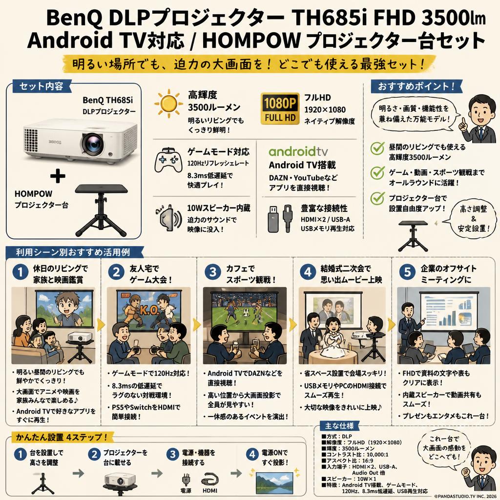 BenQ DLPプロジェクターTH685i FHD 3500lm Android TV対応 / HOMPOW プロジェクター台セット 用途