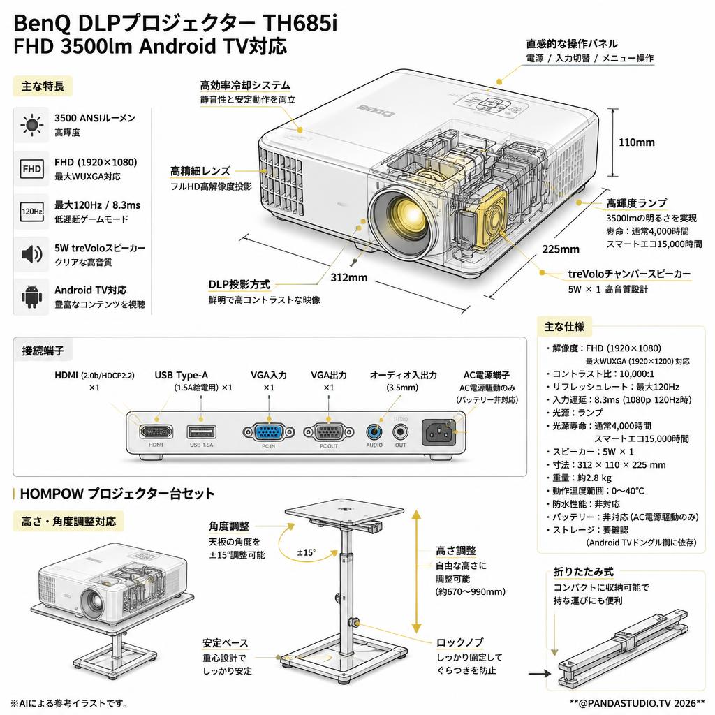 BenQ DLPプロジェクターTH685i FHD 3500lm Android TV対応 / HOMPOW プロジェクター台セット スペック