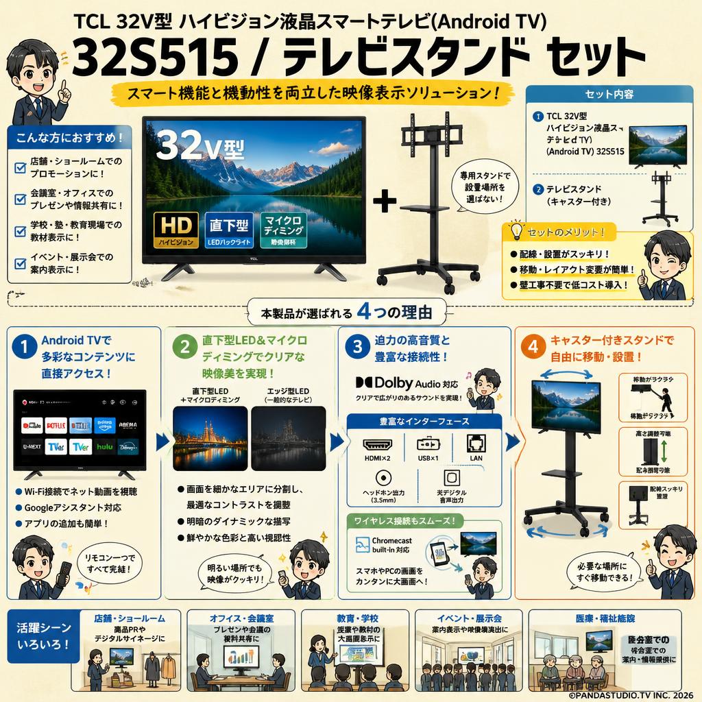 TCL 32V型 ハイビジョン液晶スマートテレビ(Android TV) 32S515 / テレビスタンド セット 概要