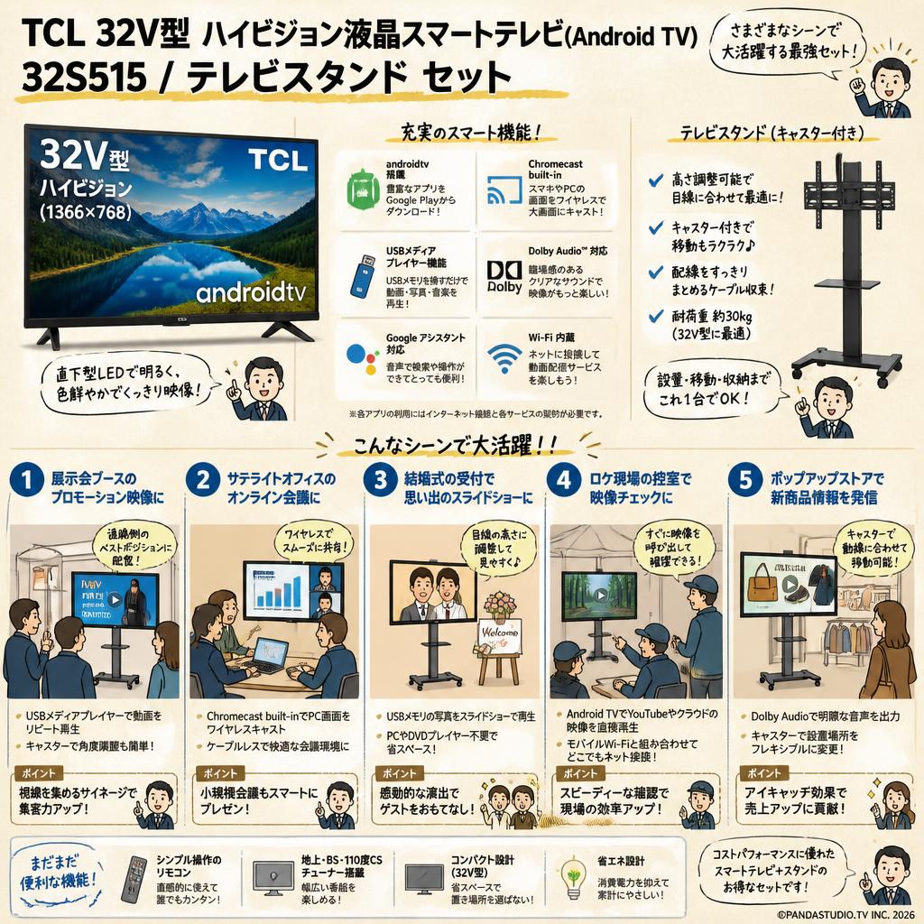 TCL 32V型 ハイビジョン液晶スマートテレビ(Android TV) 32S515 / テレビスタンド セット 用途