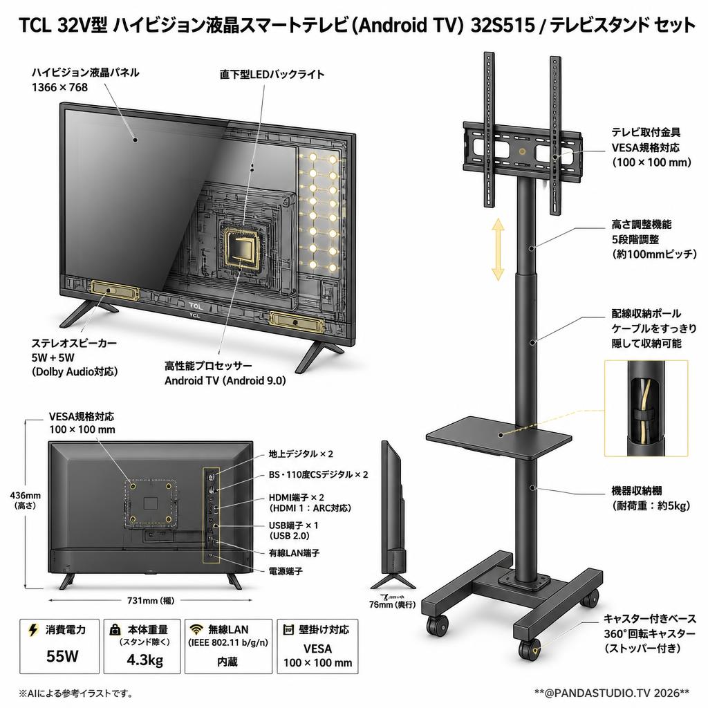 TCL 32V型 ハイビジョン液晶スマートテレビ(Android TV) 32S515 / テレビスタンド セット スペック
