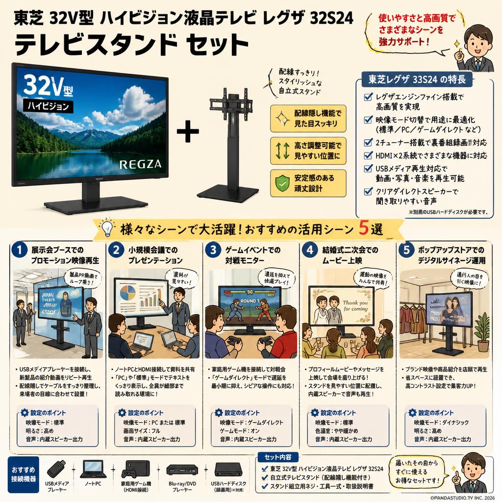 東芝 32V型 ハイビジョン液晶テレビ レグザ 32S24 / テレビスタンド セット 用途
