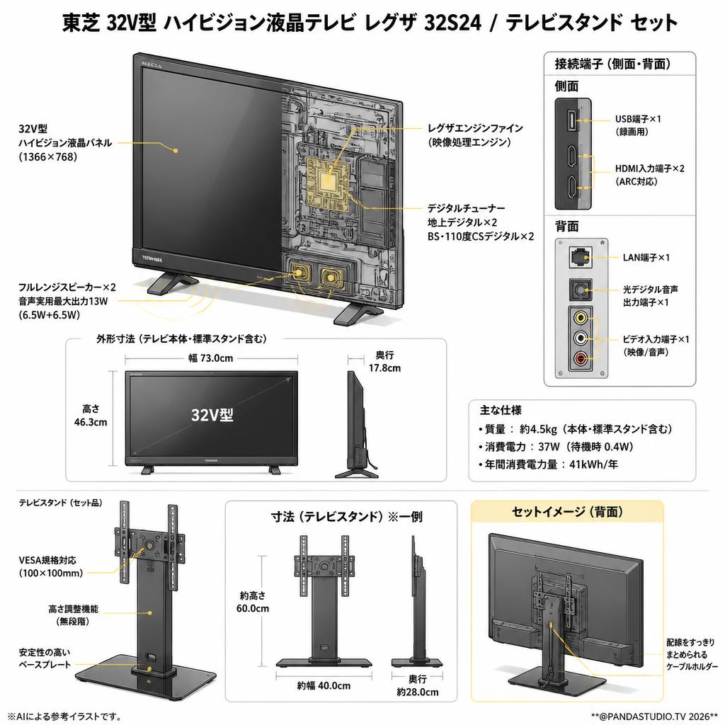 東芝 32V型 ハイビジョン液晶テレビ レグザ 32S24 / テレビスタンド セット スペック