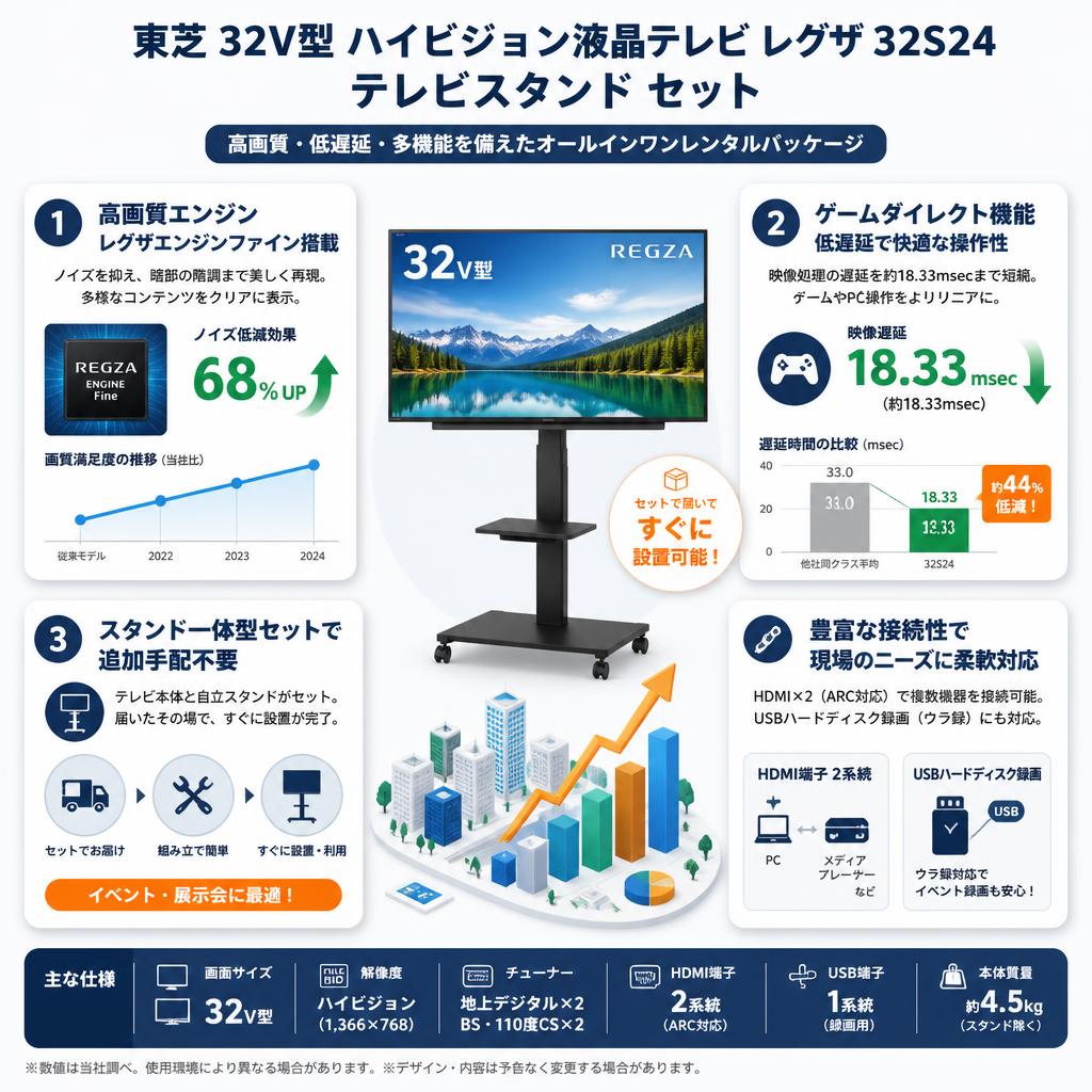 東芝 32V型 ハイビジョン液晶テレビ レグザ 32S24 / テレビスタンド セット セールスポイント