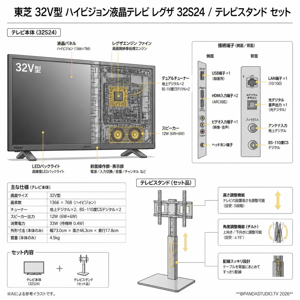 東芝 32V型 ハイビジョン液晶テレビ レグザ 32S24 / テレビスタンド セット スペック