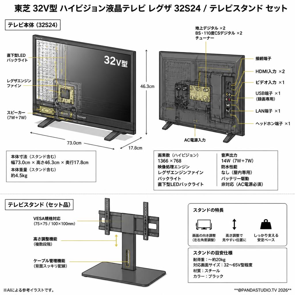 東芝 32V型 ハイビジョン液晶テレビ レグザ 32S24 / テレビスタンド セット スペック
