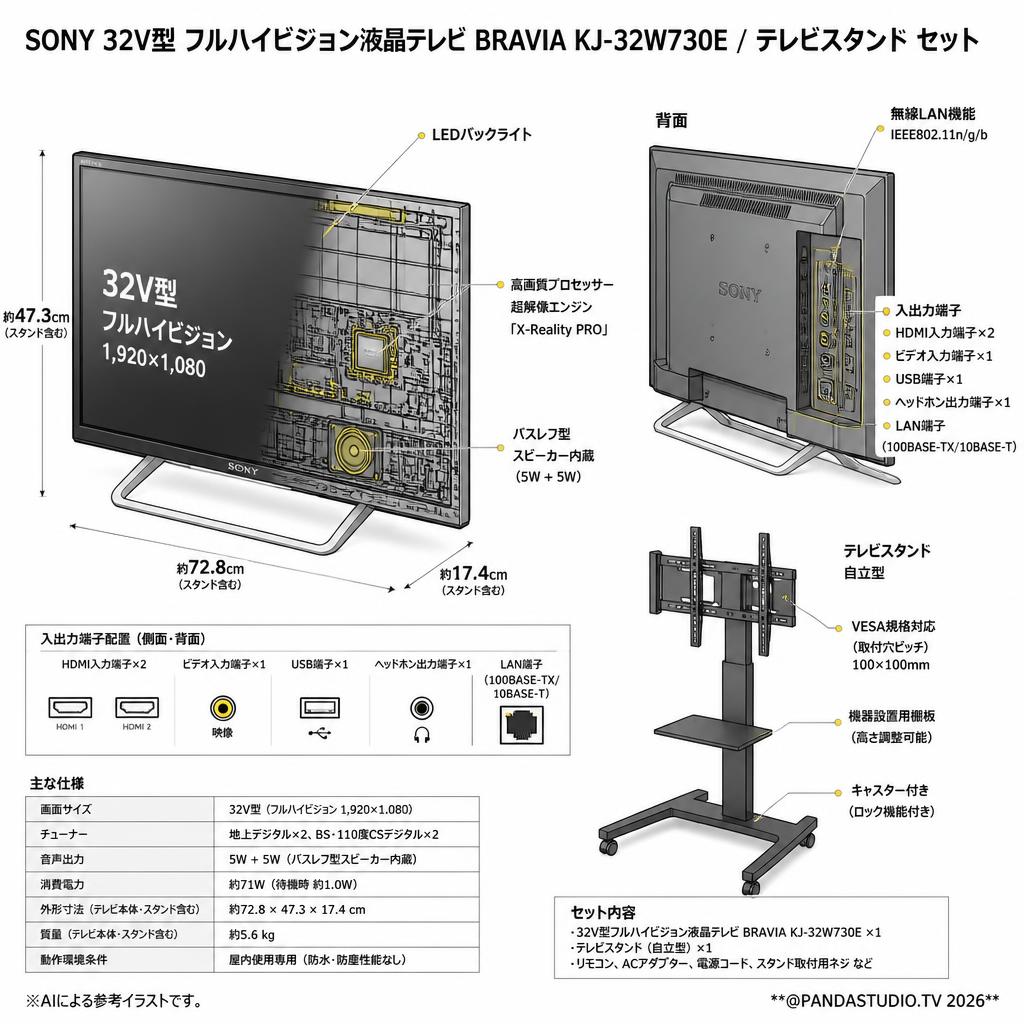 SONY 32V型 フルハイビジョン液晶テレビ BRAVIA KJ-32W730E / テレビスタンド セット スペック