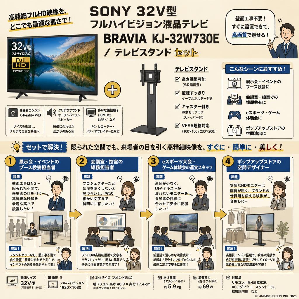 SONY 32V型 フルハイビジョン液晶テレビ BRAVIA KJ-32W730E / テレビスタンド セット おもな対象のお客様