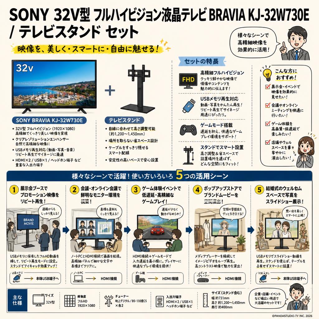 SONY 32V型 フルハイビジョン液晶テレビ BRAVIA KJ-32W730E / テレビスタンド セット 用途