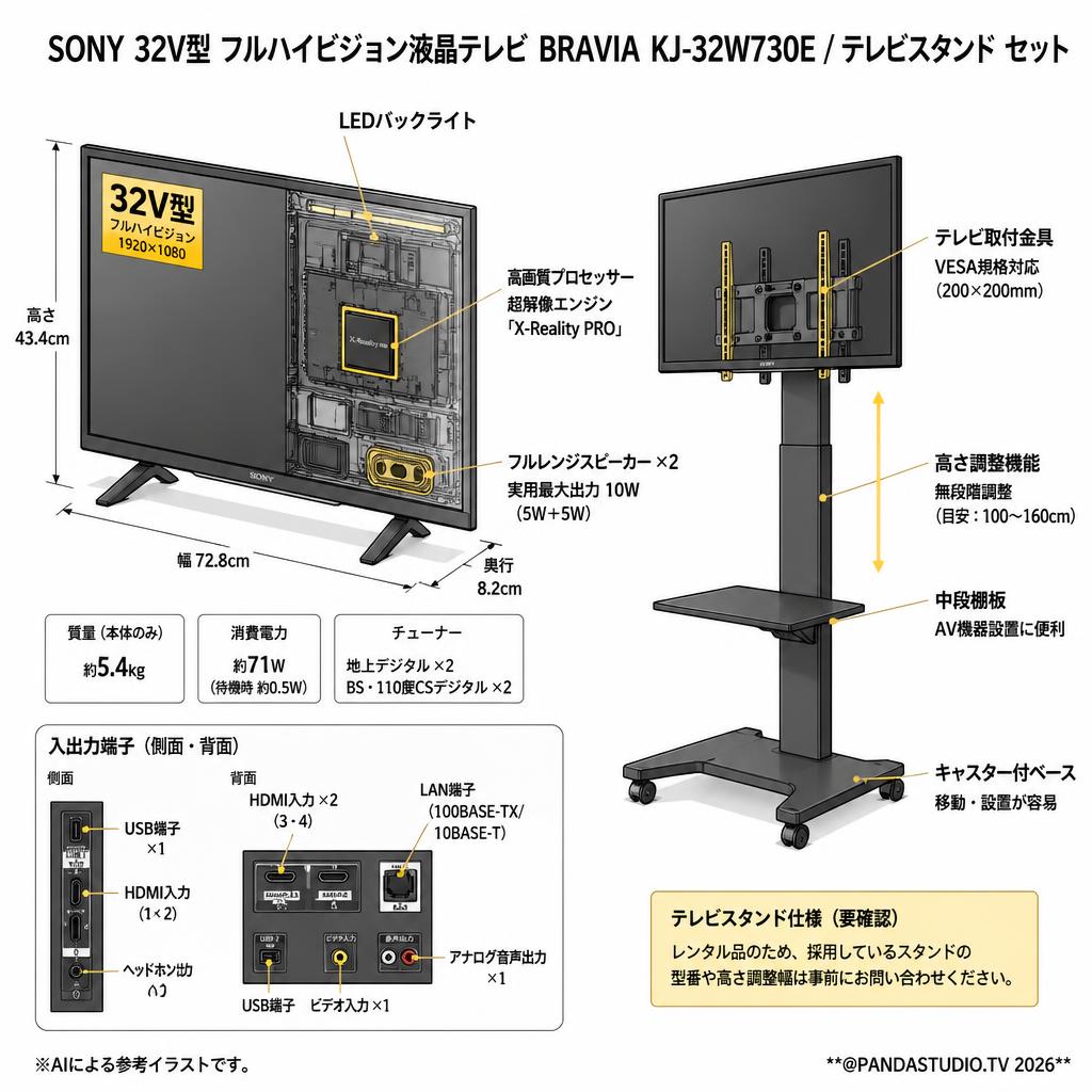SONY 32V型 フルハイビジョン液晶テレビ BRAVIA KJ-32W730E / テレビスタンド セット スペック