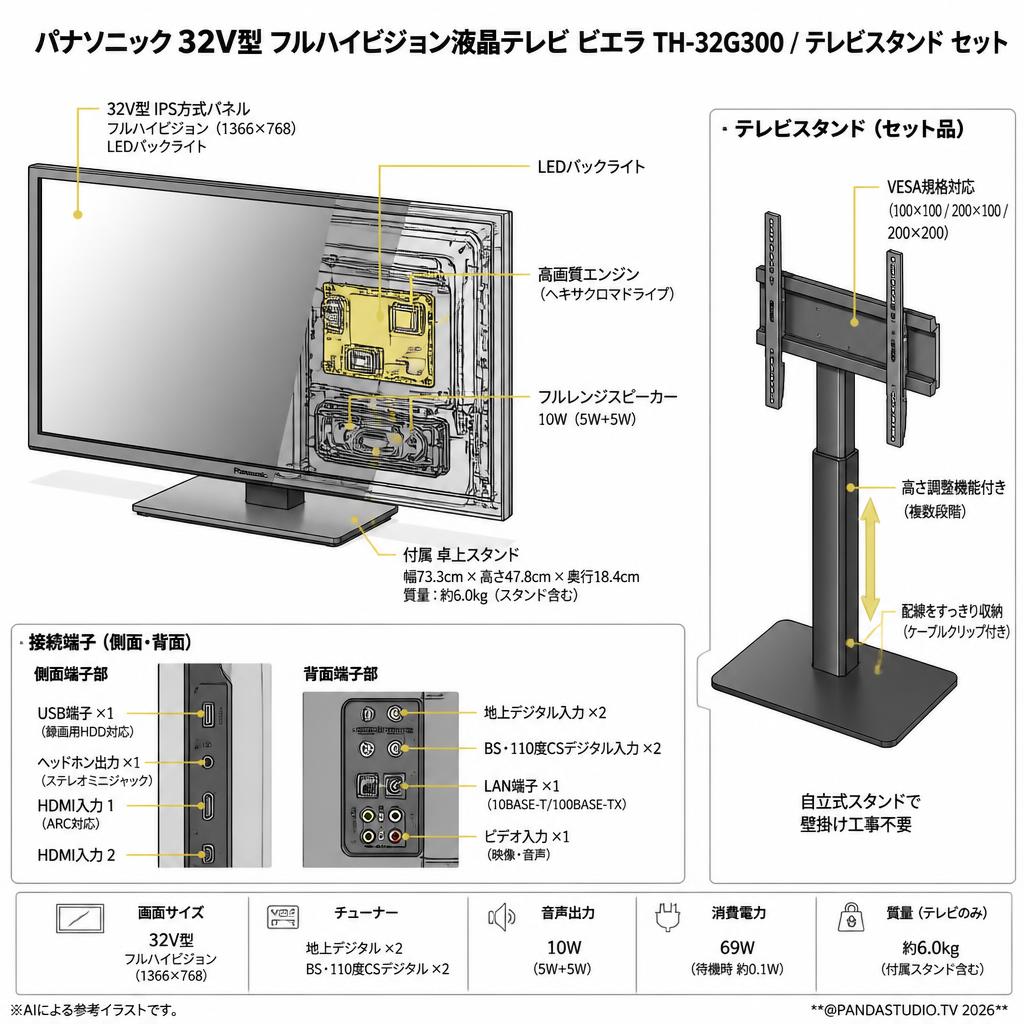 Panasonic 32V型 フルハイビジョン液晶テレビ ビエラ TH-32G300 / テレビスタンド セット スペック