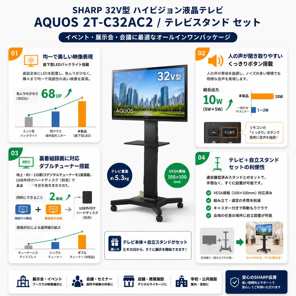 SHARP 32V型 ハイビジョン液晶テレビ AQUOS 2T-C32AC2 / テレビスタンド セット セールスポイント