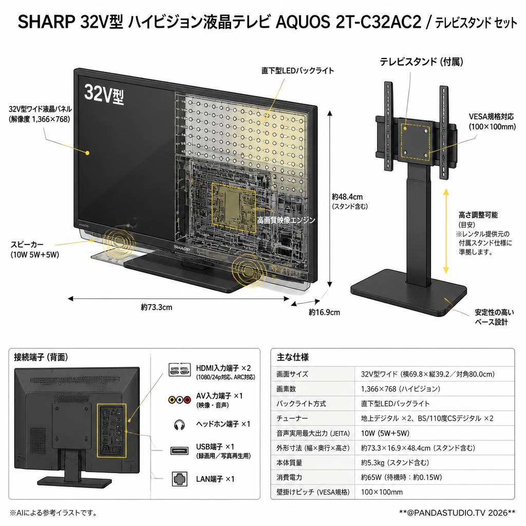 SHARP 32V型 ハイビジョン液晶テレビ AQUOS 2T-C32AC2 / テレビスタンド セット スペック