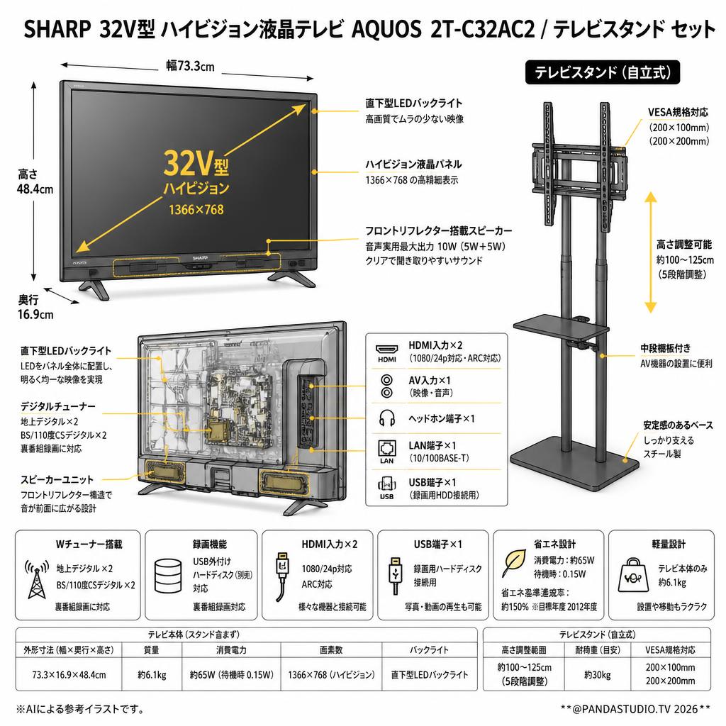 SHARP 32V型 ハイビジョン液晶テレビ AQUOS 2T-C32AC2 / テレビスタンド セット スペック