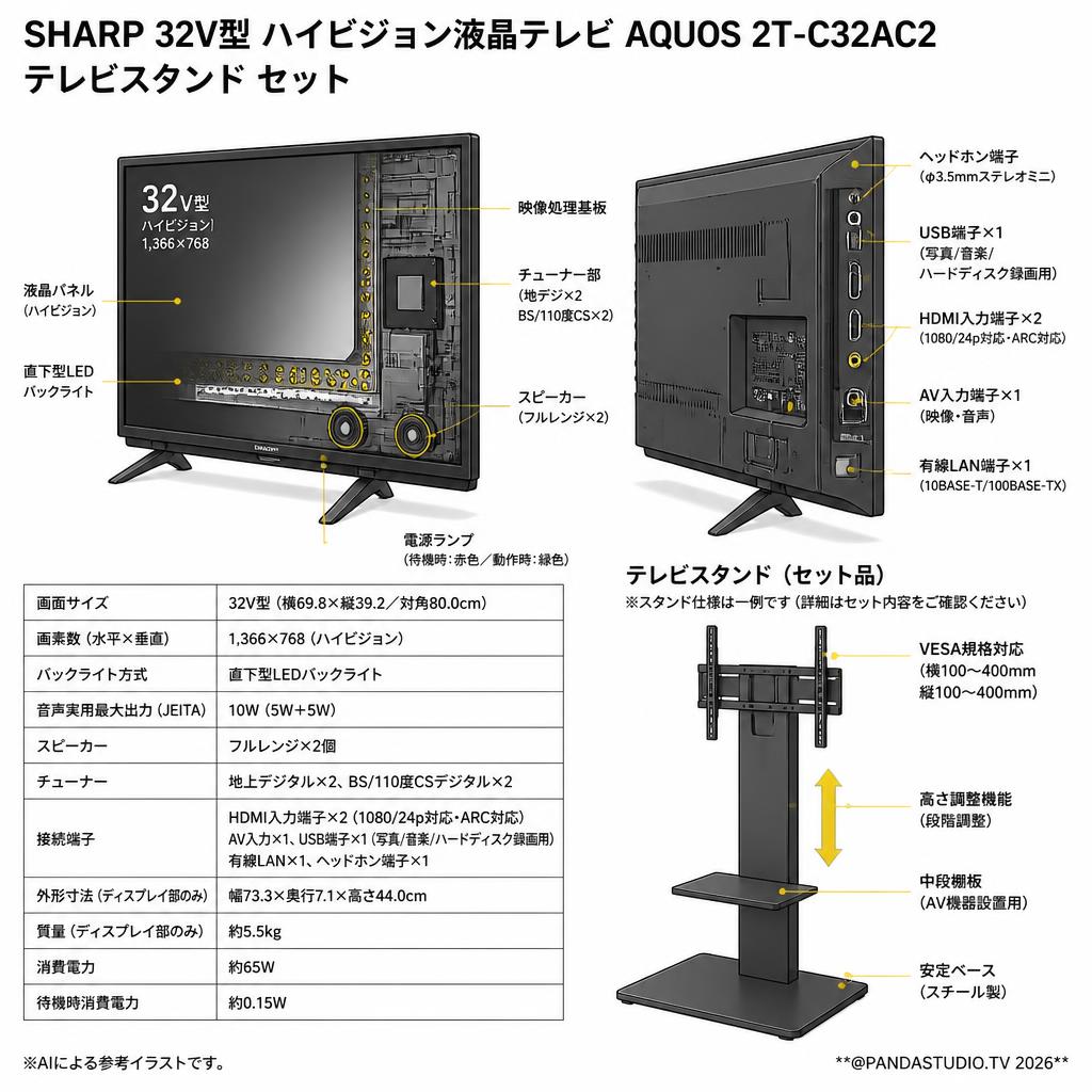 SHARP 32V型 ハイビジョン液晶テレビ AQUOS 2T-C32AC2 / テレビスタンド セット スペック