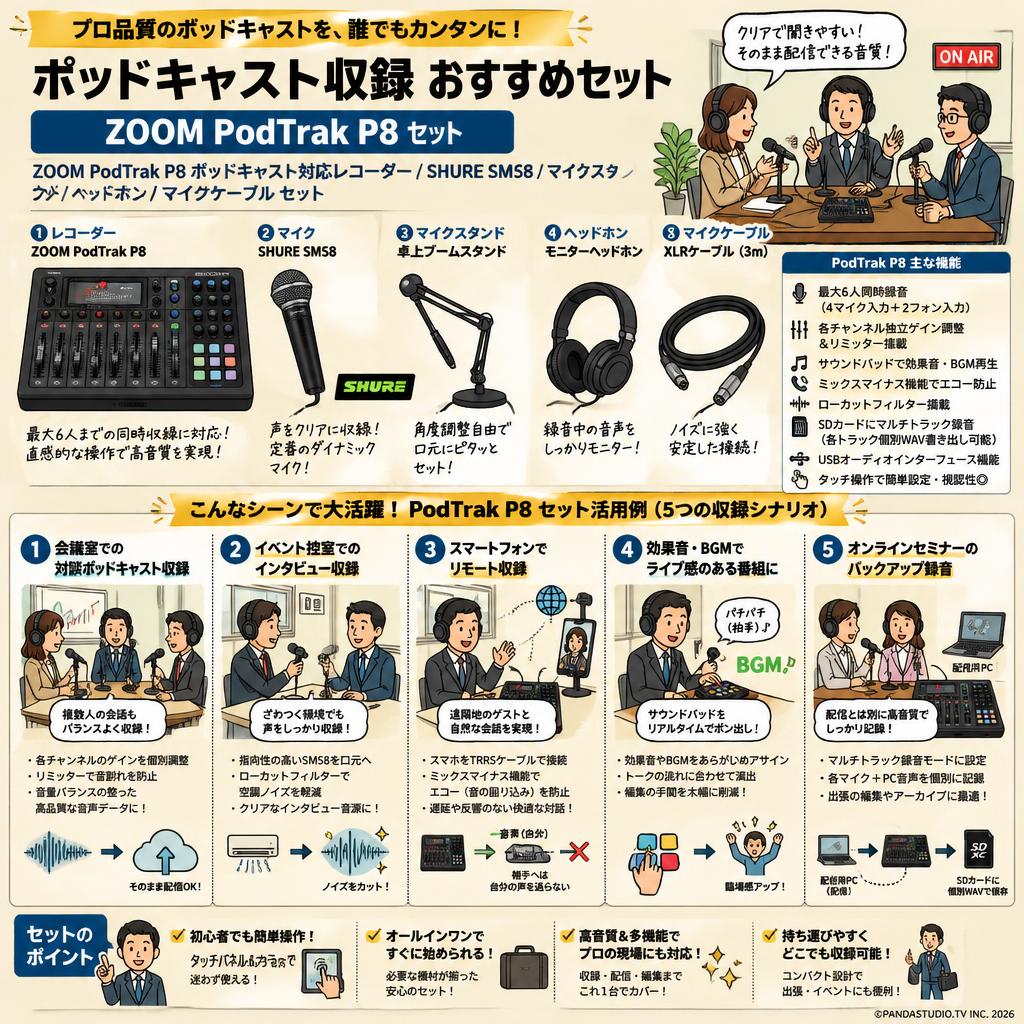 ZOOM PodTrak P8 ポッドキャスト対応レコ―ダー / SHURE  SM58 / マイクスタンド / ヘッドホン / マイクケーブル  セット 用途