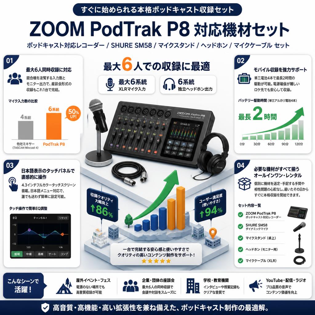ZOOM PodTrak P8 ポッドキャスト対応レコ―ダー / SHURE  SM58 / マイクスタンド / ヘッドホン / マイクケーブル  セット セールスポイント