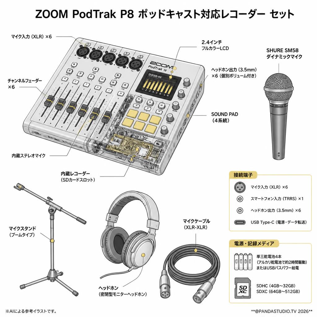 ZOOM PodTrak P8 ポッドキャスト対応レコ―ダー / SHURE  SM58 / マイクスタンド / ヘッドホン / マイクケーブル  セット スペック