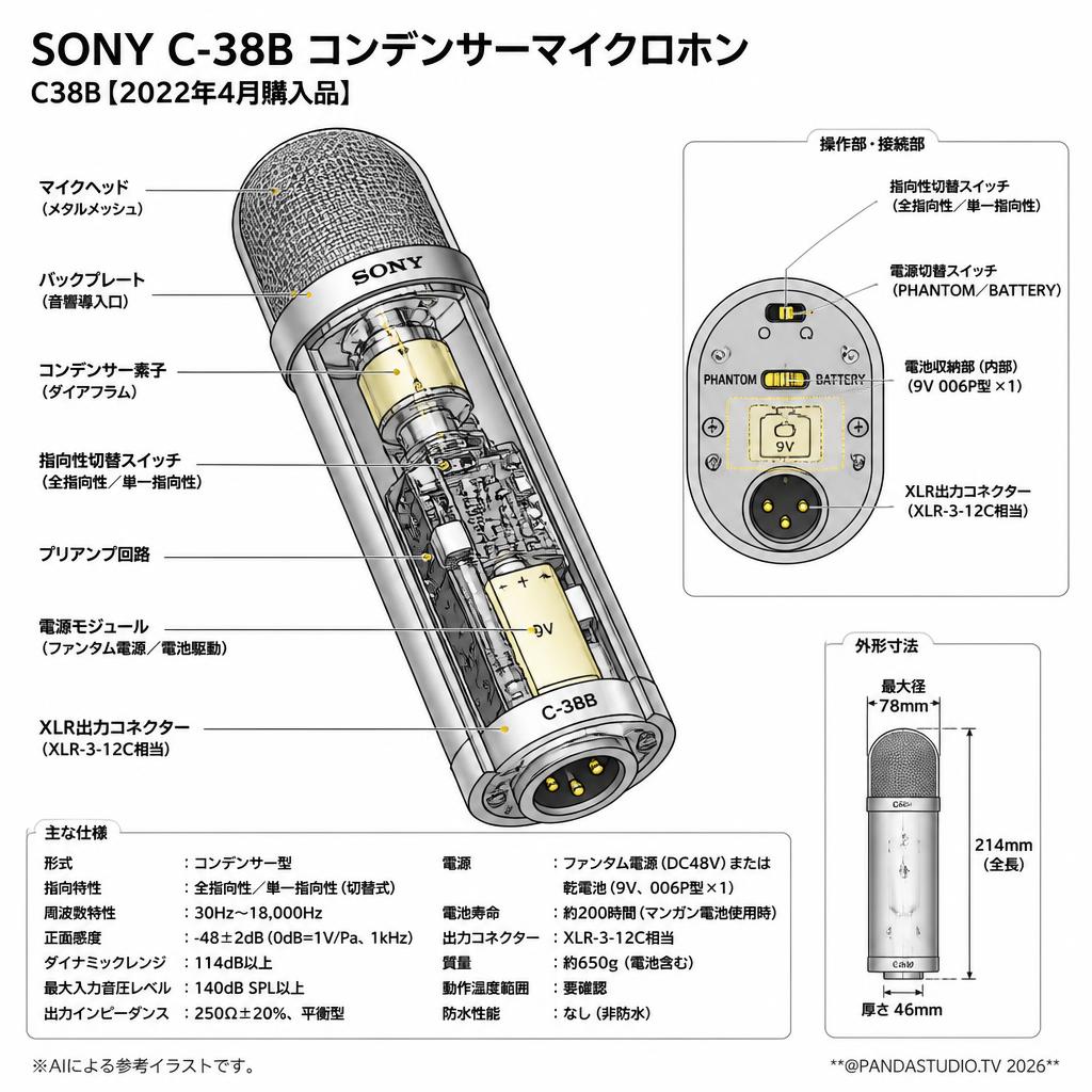 SONY C-38B コンデンサーマイクロホン C38B【2022年4月購入品】 スペック