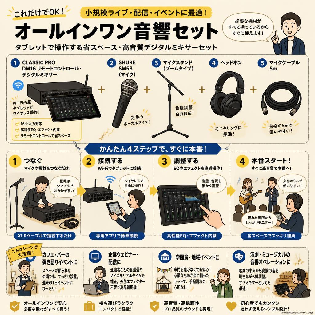 CLASSIC PRO DM16 リモートコントロール・デジタルミキサー / SHURE  SM58 / マイクスタンド /  ヘッドホン / マイクケーブル 5m セット おもな対象のお客様