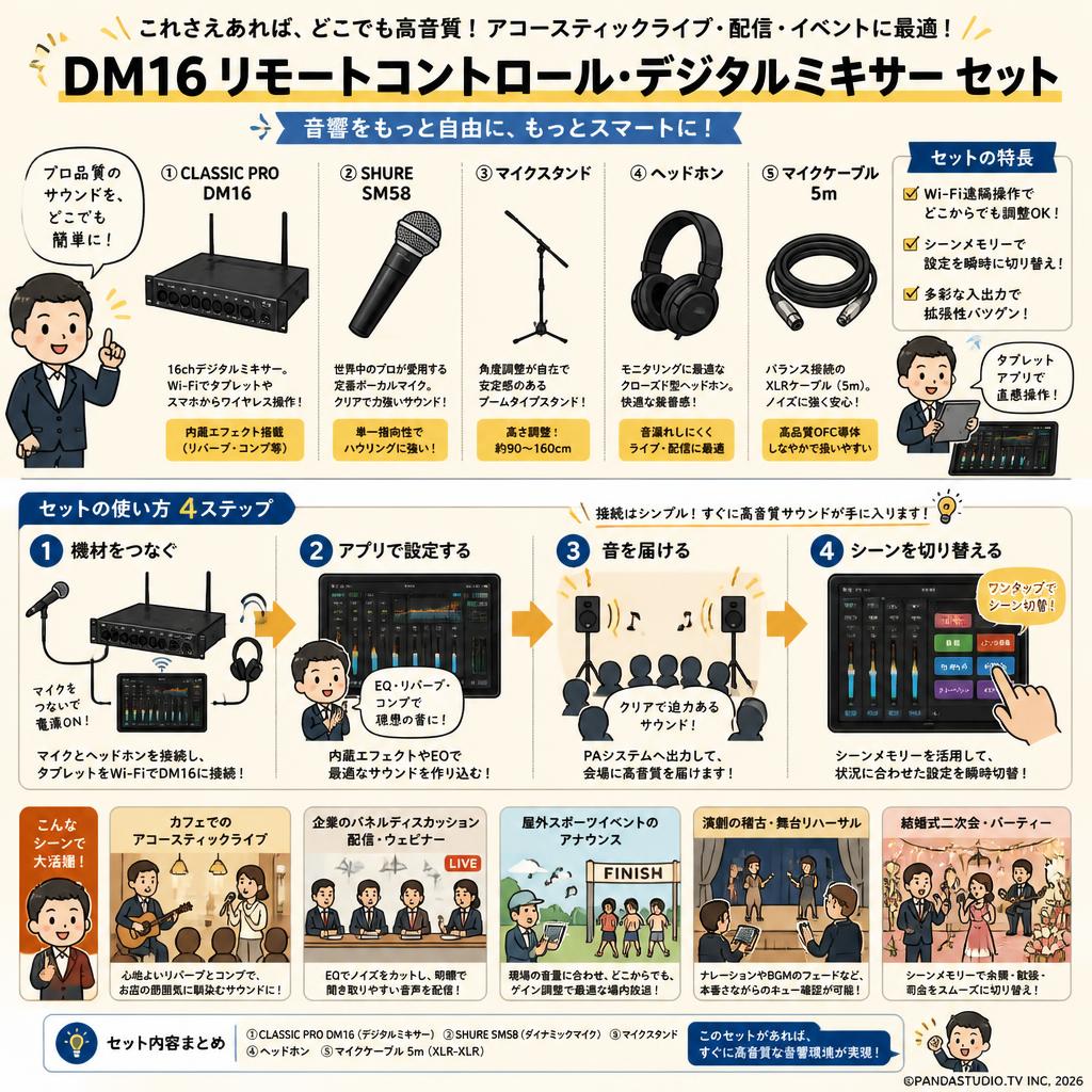 CLASSIC PRO DM16 リモートコントロール・デジタルミキサー / SHURE  SM58 / マイクスタンド /  ヘッドホン / マイクケーブル 5m セット 用途