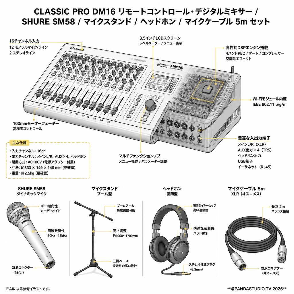 CLASSIC PRO DM16 リモートコントロール・デジタルミキサー / SHURE  SM58 / マイクスタンド /  ヘッドホン / マイクケーブル 5m セット スペック