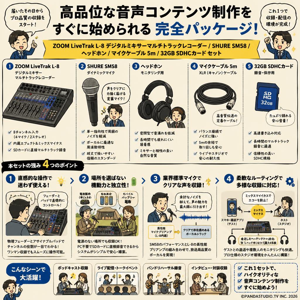 ZOOM LiveTrak L-8 デジタルミキサーマルチトラックレコーダー / SHURE SM58 / ヘッドホン / マイクケーブル 5m / 32GB  SDHCカード セット 概要