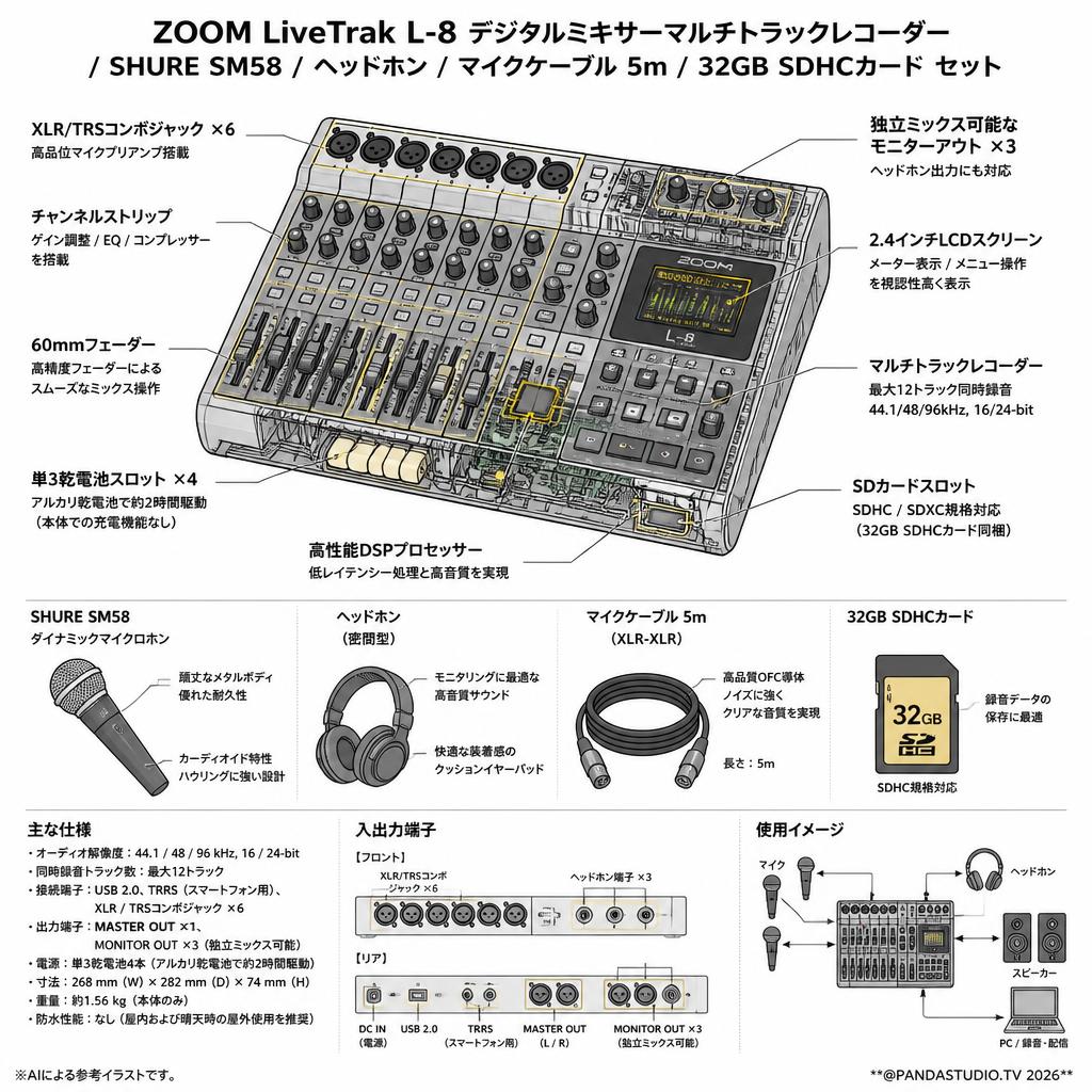 ZOOM LiveTrak L-8 デジタルミキサーマルチトラックレコーダー / SHURE SM58 / ヘッドホン / マイクケーブル 5m / 32GB  SDHCカード セット スペック