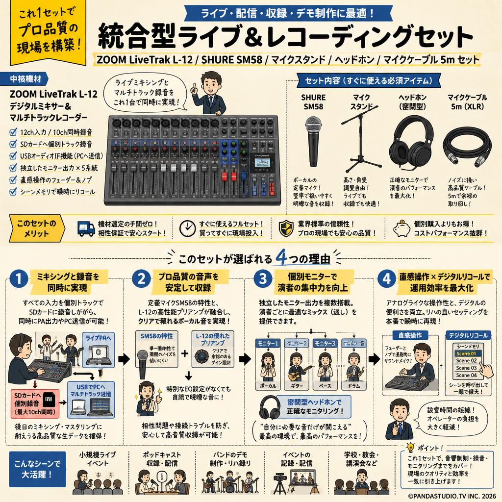 ZOOM LiveTrak L-12 / SHURE  SM58 / マイクスタンド / ヘッドホン / マイクケーブル 5m セット 概要