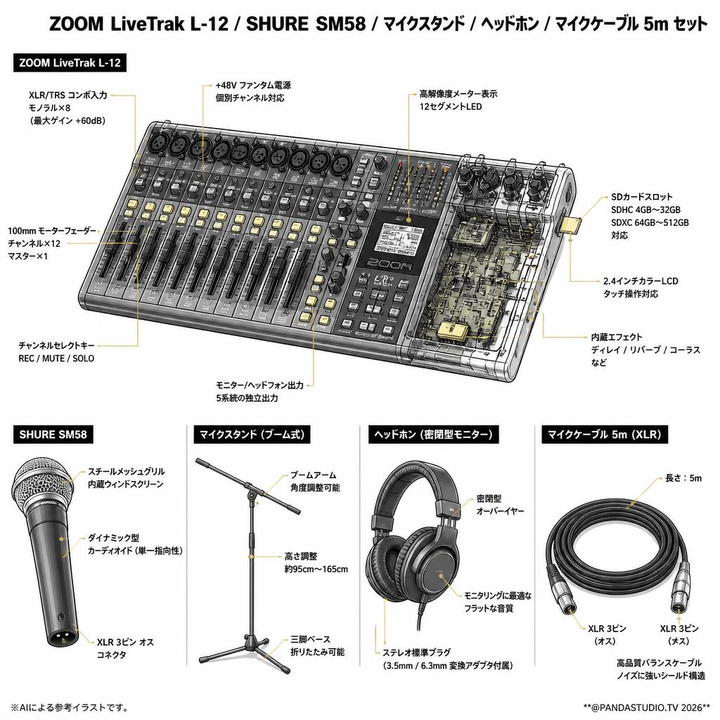ZOOM LiveTrak L-12 / SHURE  SM58 / マイクスタンド / ヘッドホン / マイクケーブル 5m セット スペック