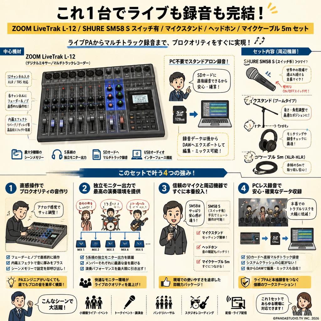ZOOM LiveTrak L-12 / SHURE  SM58 S スイッチ有 / マイクスタンド / ヘッドホン / マイクケーブル 5m セット 概要