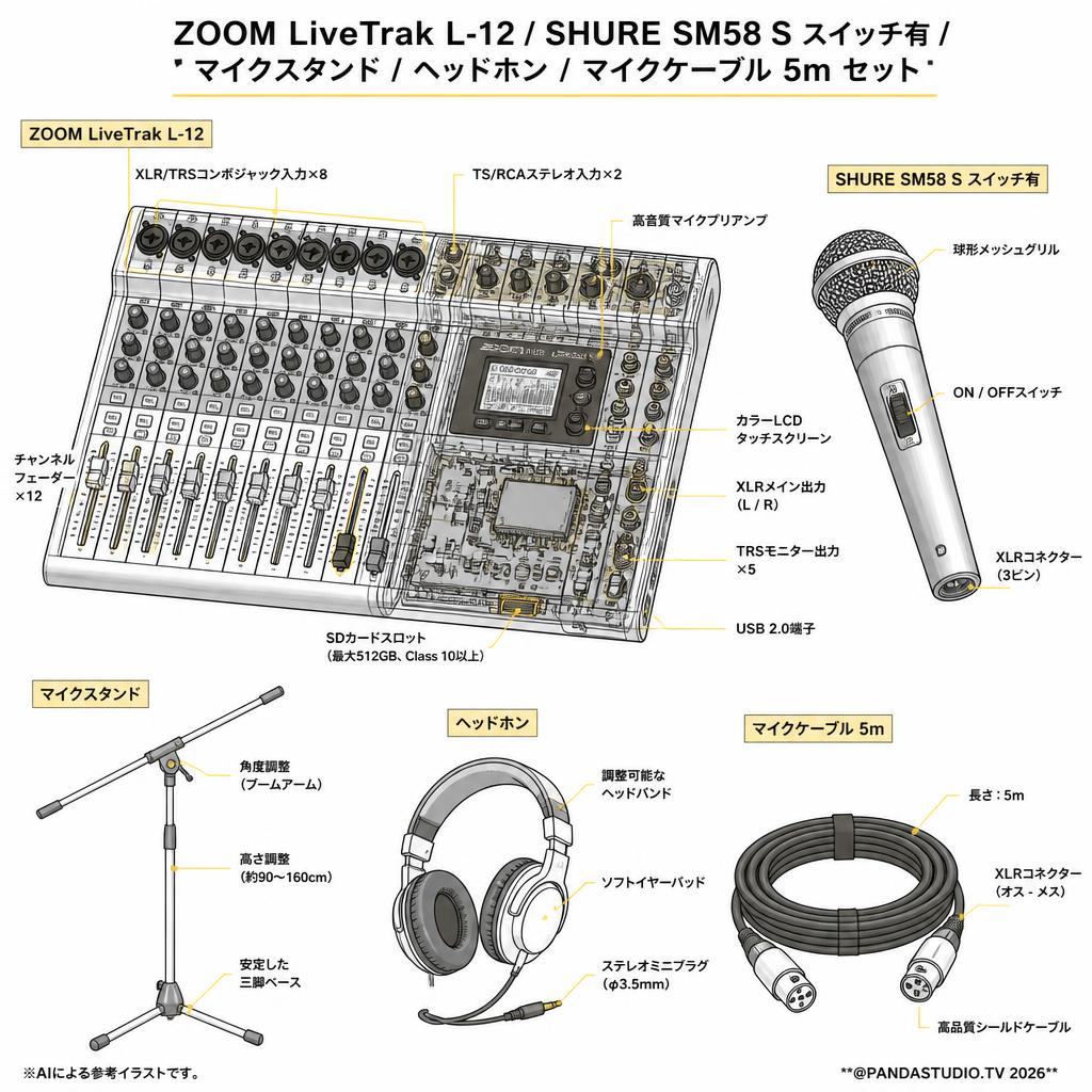ZOOM LiveTrak L-12 / SHURE  SM58 S スイッチ有 / マイクスタンド / ヘッドホン / マイクケーブル 5m セット スペック