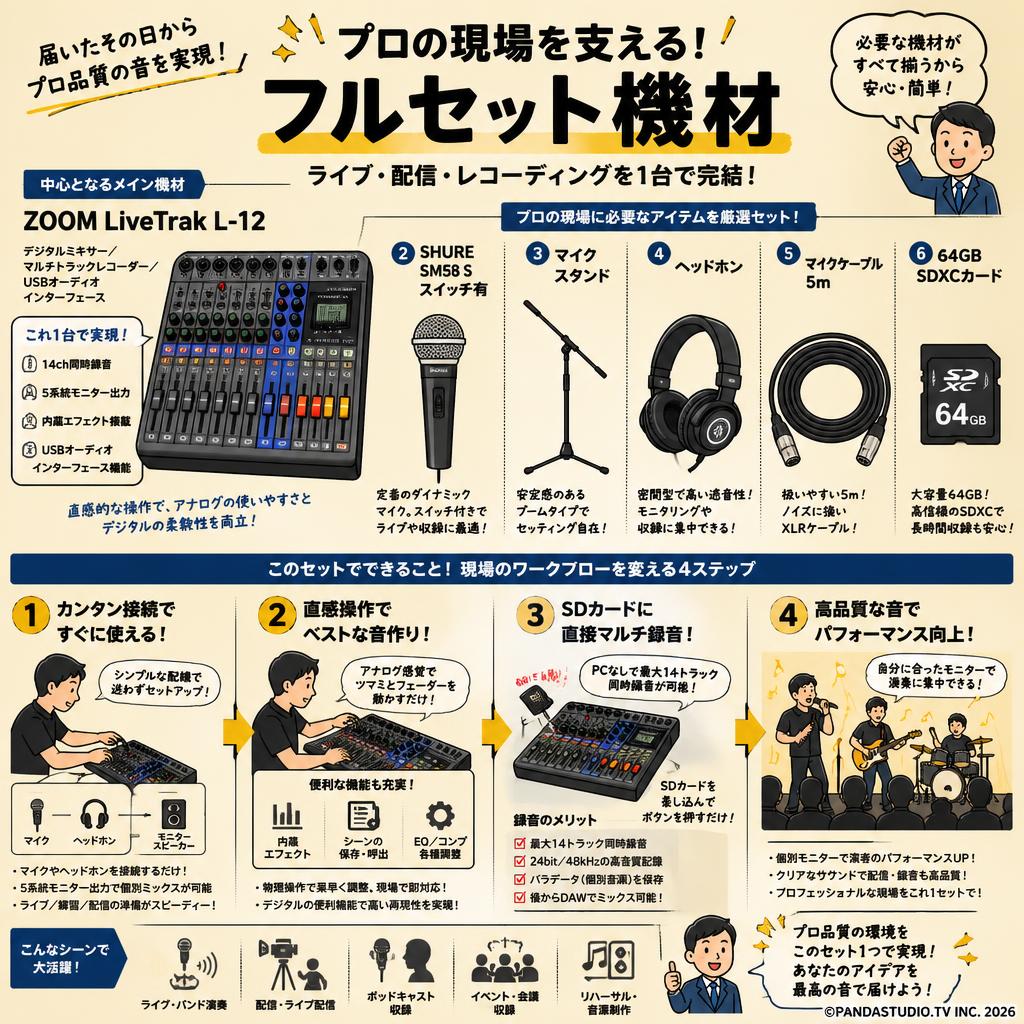 ZOOM LiveTrak L-12 / SHURE  SM58 S スイッチ有 / マイクスタンド / ヘッドホン / マイクケーブル 5m / 64GB SDXCカード セット 概要
