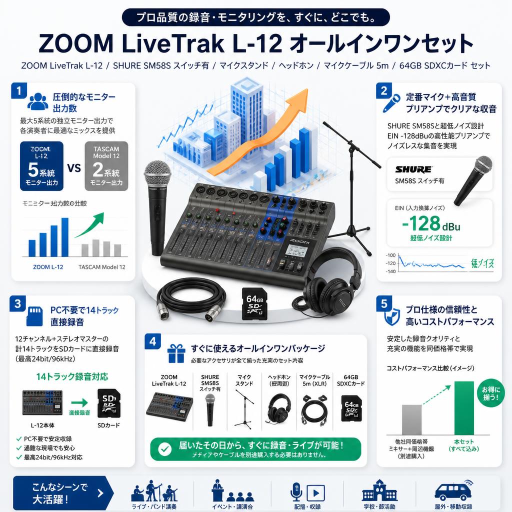ZOOM LiveTrak L-12 / SHURE  SM58 S スイッチ有 / マイクスタンド / ヘッドホン / マイクケーブル 5m / 64GB SDXCカード セット セールスポイント