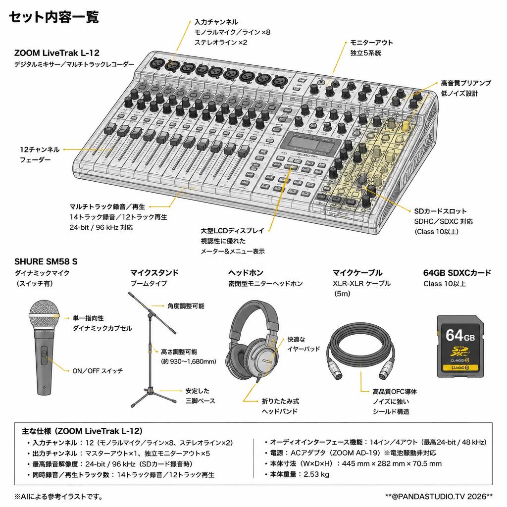 ZOOM LiveTrak L-12 / SHURE  SM58 S スイッチ有 / マイクスタンド / ヘッドホン / マイクケーブル 5m / 64GB SDXCカード セット スペック