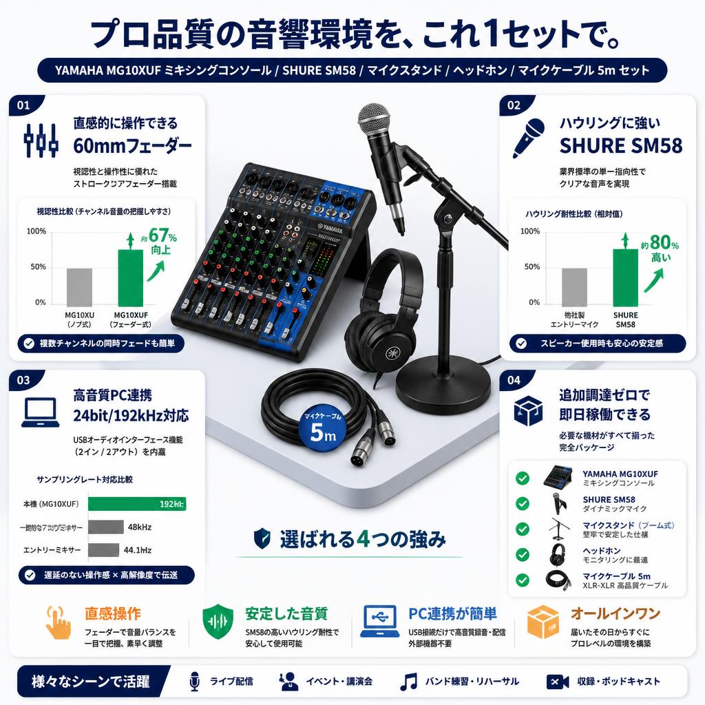 YAMAHA MG10XUF ミキシングコンソール / SHURE  SM58 / マイクスタンド  /  ヘッドホン / マイクケーブル 5m セット セールスポイント