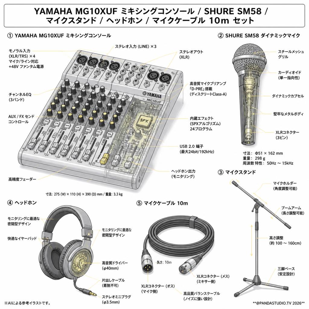 YAMAHA MG10XUF ミキシングコンソール / SHURE  SM58 / マイクスタンド  /  ヘッドホン / マイクケーブル 10m セット スペック