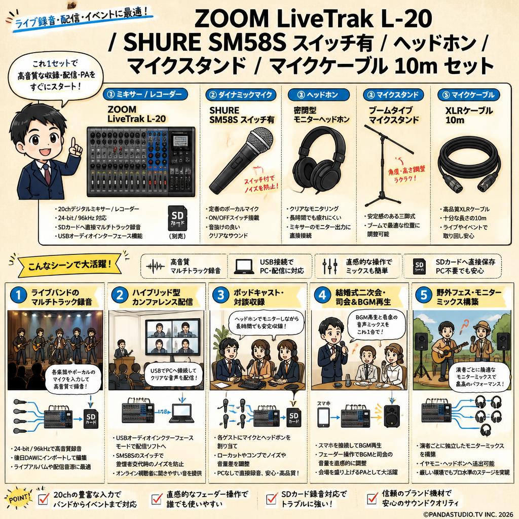 ZOOM LiveTrak L-20 / SHURE SM58S スイッチ有 / ヘッドホン / マイクスタンド / マイクケーブル 10m セット 用途