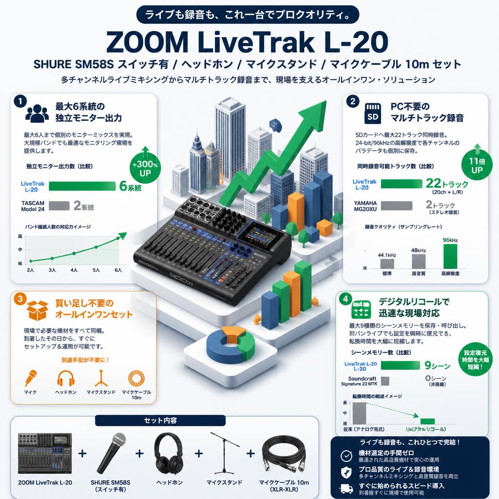ZOOM LiveTrak L-20 / SHURE SM58S スイッチ有 / ヘッドホン / マイクスタンド / マイクケーブル 10m セット セールスポイント