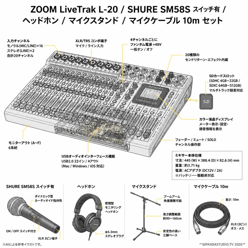 ZOOM LiveTrak L-20 / SHURE SM58S スイッチ有 / ヘッドホン / マイクスタンド / マイクケーブル 10m セット スペック