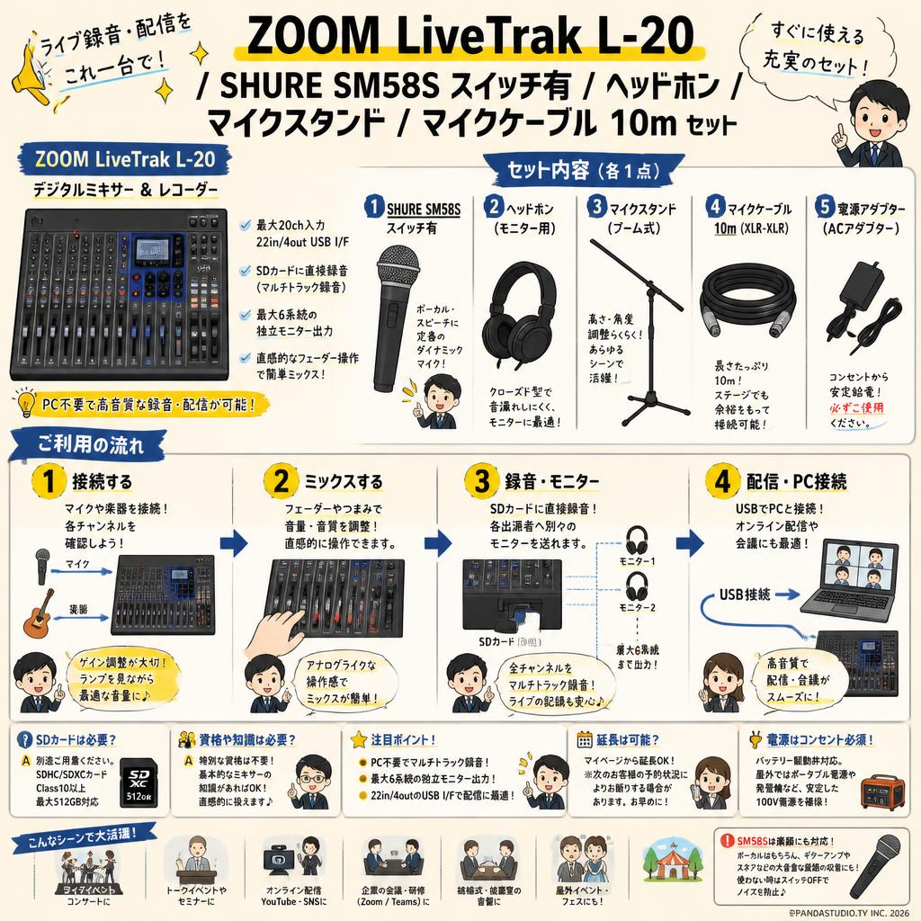 ZOOM LiveTrak L-20 / SHURE SM58S スイッチ有 / ヘッドホン / マイクスタンド / マイクケーブル 10m セット FAQ（よくある質問と答え）