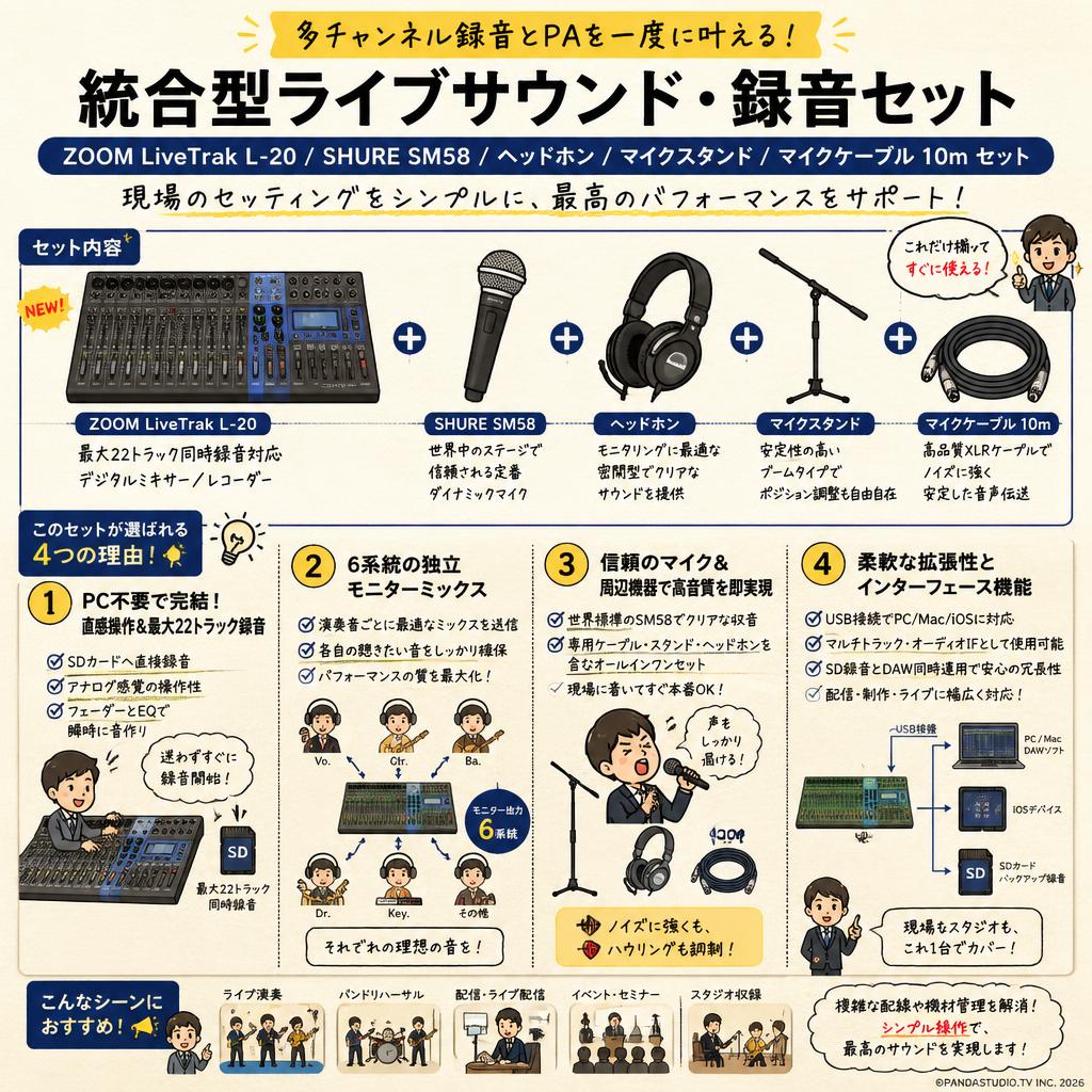 ZOOM LiveTrak L-20 / SHURE SM58 / ヘッドホン / マイクスタンド / マイクケーブル 10m セット 概要